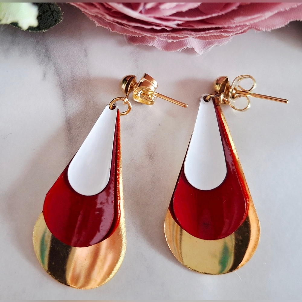 Vintage 80s ❤️✨️💧Stylish Red & Gold Teardrop Earrings